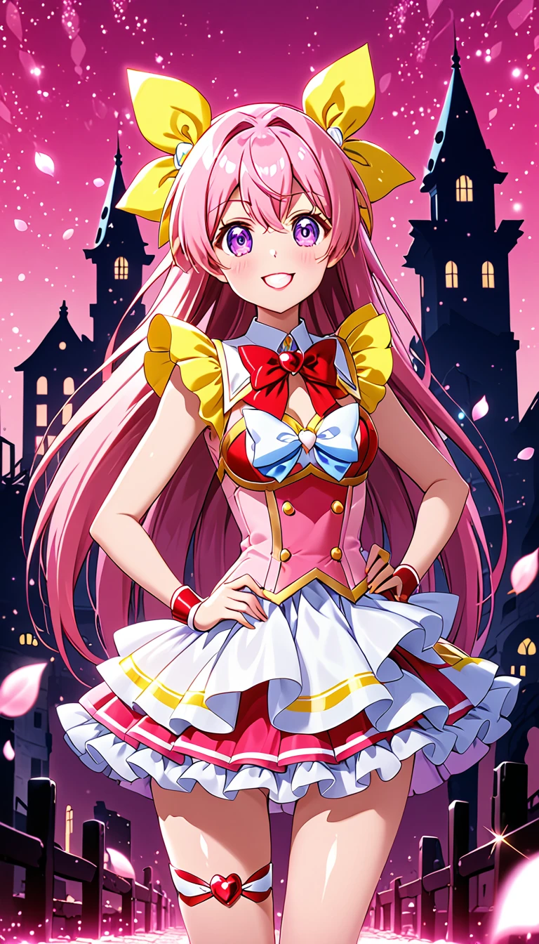 score_9, score_8_up, score_7_up, cure yell, night, ruined building, sparkles, glitters, multicolored background, shiny, glowing, lens flare, petals, pink background, pink theme,standing,put hands on hip,from front,glossy lips ,smile