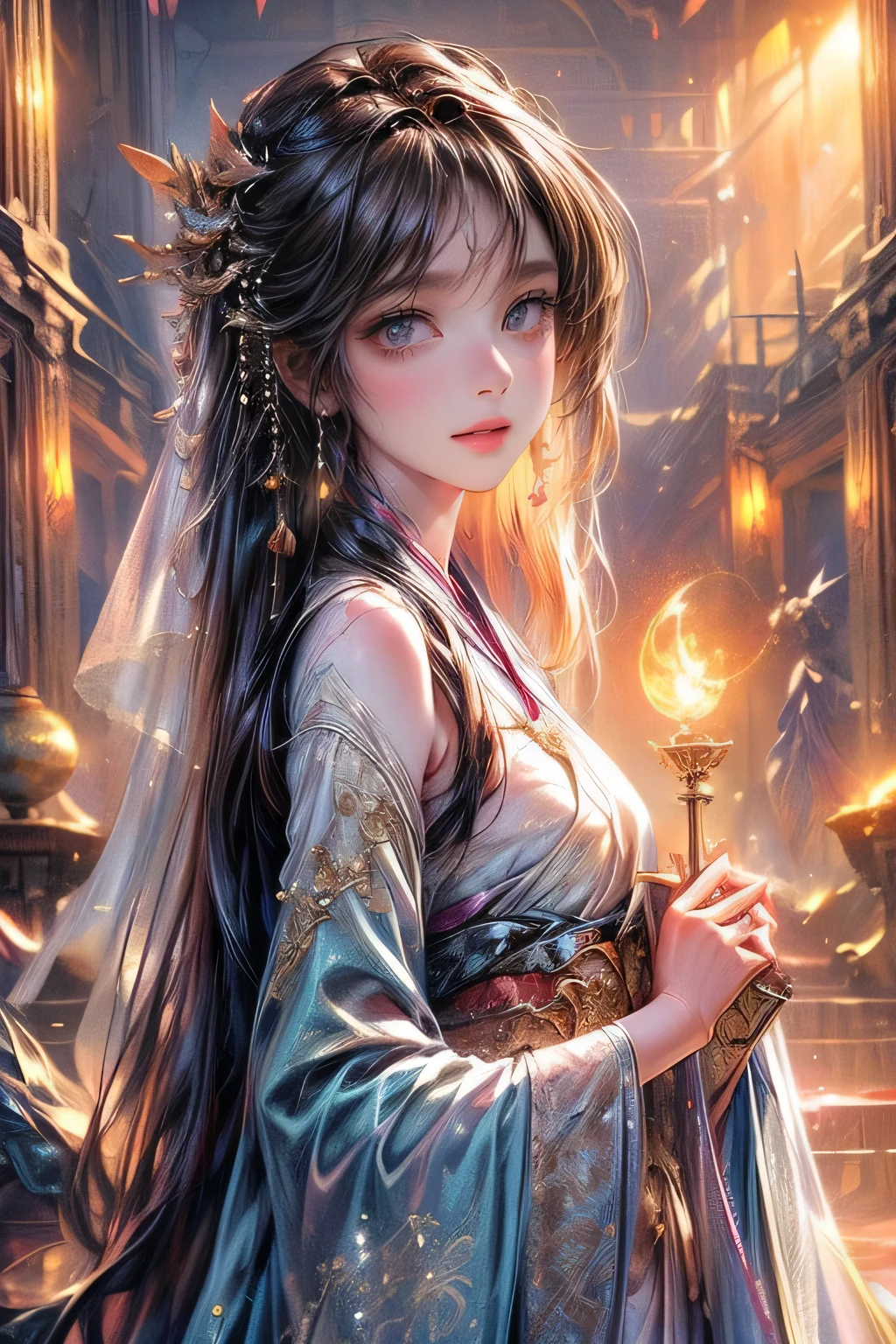 Masterpiece: 1.2, Highest Quality, Highres, 16k, Beautiful Detailed, Ultra-Realistic, Photo Realistic: 1.37, a beautiful and cute celestial maiden, hanfu dress and veil (bare shoulder, bare chest), detailed upper-body, beautiful detailed eyes, beautiful detailed lips, extremely detailed face, long eyelashes, flowing hair, elegant pose, fantasy shangri-la landscape background, glowing light, soft warm colors, cinematic lighting, intricate details, digital art
