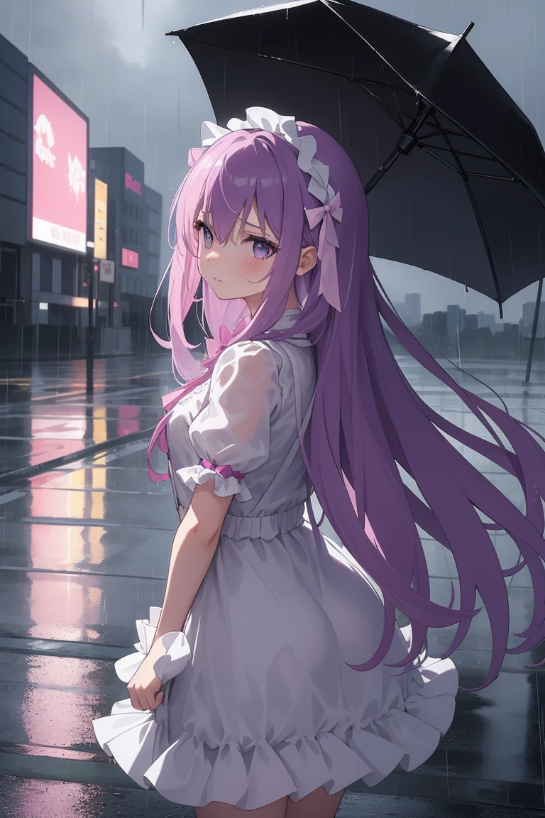 A girl, face forward, long purple hair, standing in the rain, sad, (white idol costume), pink ribbon, frill, her hair are soaked from the rain, rainy cityscape, with raindrops falling around her. The overall mood is melancholic but serene.