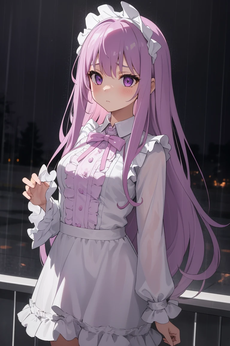 A girl, face forward, long purple hair, standing in the rain, sad, (white idol costume), pink ribbon, frill, her hair are soaked from the rain, rainy cityscape, with raindrops falling around her. The overall mood is melancholic but serene.
