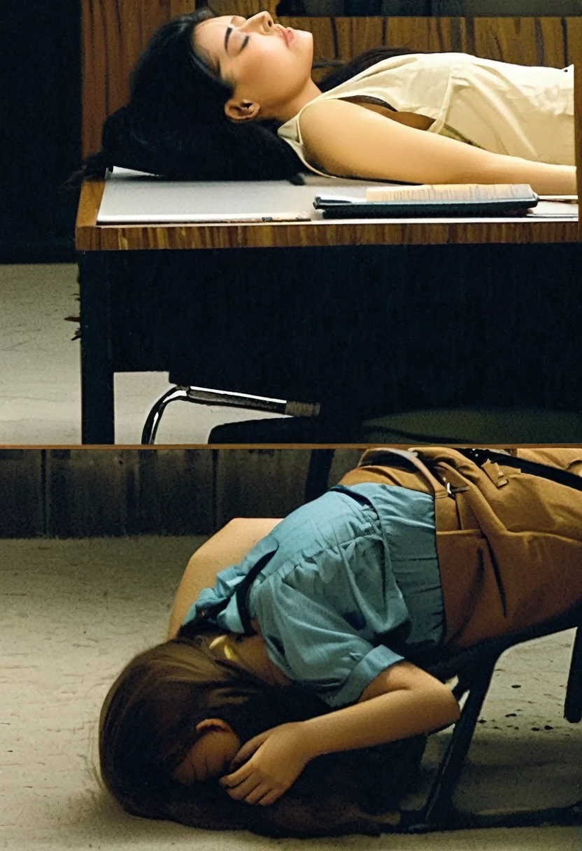 A girl falls asleep on a chair behind her desk. As she sleeps, she wets her pants due to a bad dream. When she wakes up she is very embarrassed because others