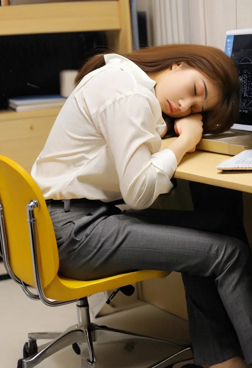 A girl falls asleep on a chair behind her desk. As she sleeps, she wets her pants due to a bad dream. When she wakes up she is very embarrassed because others