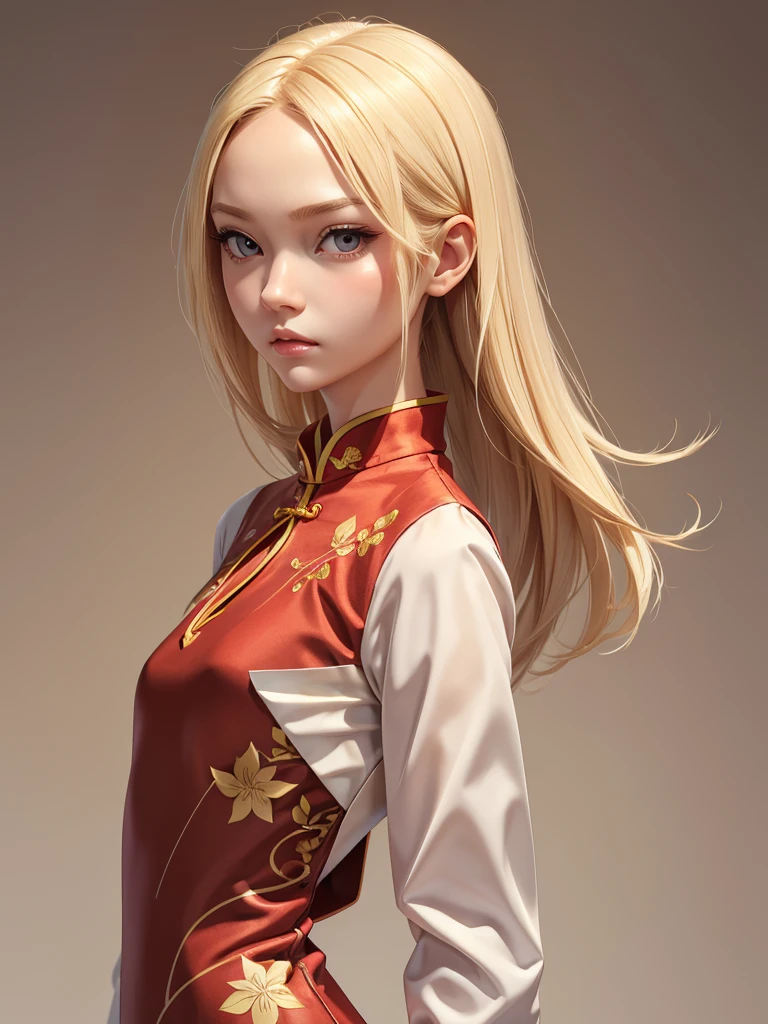 (best quality), 1girl, female, porcelain skin, blonde hair, straight hair, medium hair, swoopy tips, Flipped-up ends, brown eyes, perfect eyes, slender, cheongsam, small bust, shy, masterpiece, anatomically correct, highres