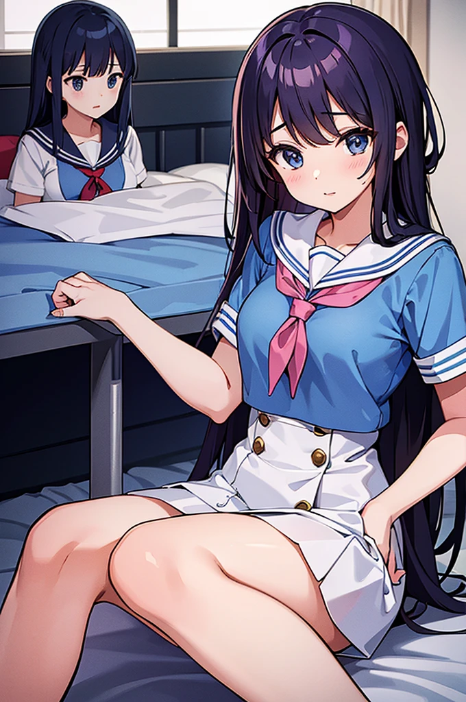 {Highest quality], [so beautiful], [Ultra-fine], [Best illustrations], Browsing Caution,Black Hair, Hime cut, Long Hair, With bangs, girl,high school student,uniform,knit,skirt,smile, blush, Slender women, Adult female,(public),,diagonal, Navy blue knee socks,Black Loafers.night,Health Room,Lying in bed feeling unwell