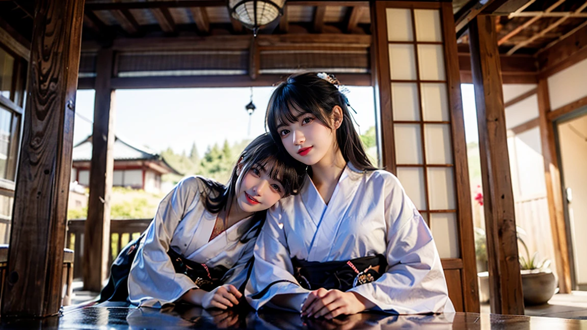 ((最high quality, 8k, masterpiece: 1.3, Ultra HD, high quality, 最high quality, High resolution, realism)) 、Beautiful Japan woman at 22 years old、Straight hair、smile、Slender body、Wear accessories on your wrist、Sitting on the balcony of a Japanese house in the countryside of Japan、(Sleeping on your back:1.2)、summer、Wind chimes are hanging from the eaves.、barefoot、fan、In front of the balcony is a courtyard.、wear a Yukata