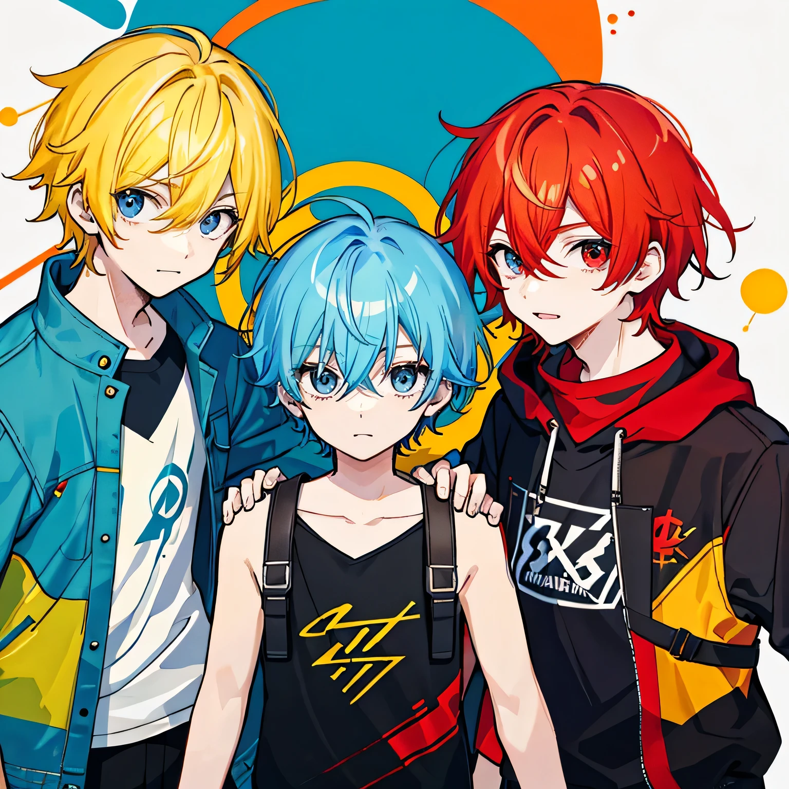 3 boys, yellow hair, red hair, blue hair, black eye, whole body