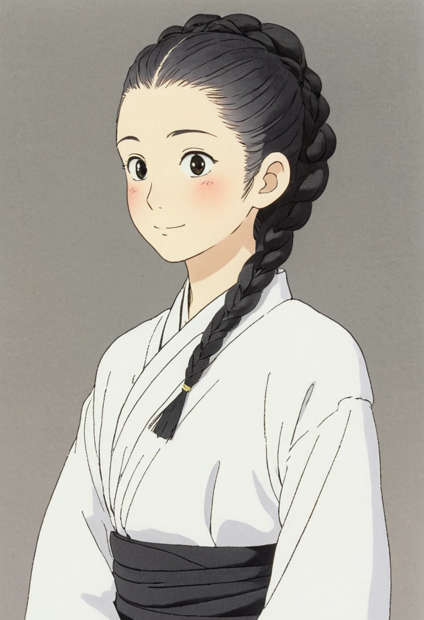 A Ghibli's studio character. Who is androgynous, who have their hair tied in a big black and white braid. He wears traditional clothing 