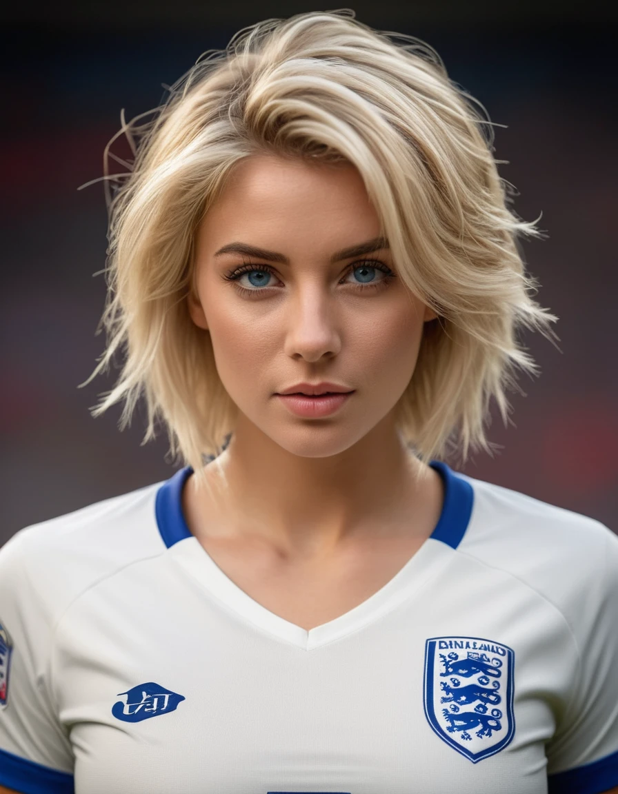 beautiful blonde woman wearing a tight England football shirt and lace gstring panties, full body picture, intricate detailed face, perfect body, athletic body, beautiful detailed eyes, beautiful detailed lips, long eyelashes, muscular athletic figure, dynamic action pose, (best quality,4k,8k,highres,masterpiece:1.2),ultra-detailed,(realistic,photorealistic,photo-realistic:1.37),HDR,UHD,studio lighting,ultra-fine painting,sharp focus,physically-based rendering,deep blue eyes, extreme detail description,professional,vivid colors,bokeh,sports,football,portrait, (messy bob hairstyle, white blond hair color), messy hairstyle, messy bob, messy hairstyle, white blond, 5 foot 3 inches tall, 110 pounds in weight, 34G breasts, large firm round breasts, very large breasts, cleavage, photorealistic, 4K, 8K, UHD, long shot,