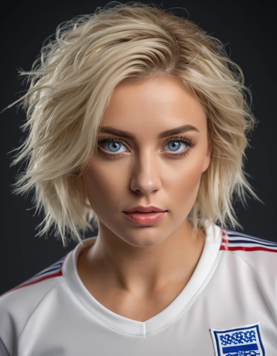 beautiful blonde woman wearing a tight England football shirt and lace gstring panties, full body picture, intricate detailed face, perfect body, athletic body, beautiful detailed eyes, beautiful detailed lips, long eyelashes, muscular athletic figure, dynamic action pose, (best quality,4k,8k,highres,masterpiece:1.2),ultra-detailed,(realistic,photorealistic,photo-realistic:1.37),HDR,UHD,studio lighting,ultra-fine painting,sharp focus,physically-based rendering,deep blue eyes, extreme detail description,professional,vivid colors,bokeh,sports,football,portrait, (messy bob hairstyle, white blond hair color), messy hairstyle, messy bob, messy hairstyle, white blond, 5 foot 3 inches tall, 110 pounds in weight, 34G breasts, large firm round breasts, very large breasts, cleavage, photorealistic, 4K, 8K, UHD, long shot, 