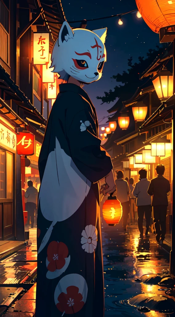 Summer festival, row of lanterns, Japanese fox mask, little boy in yukata, dusk