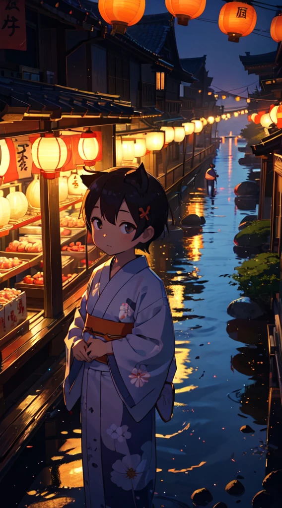 Summer festival, row of lanterns, Japanese fox mask, little boy in yukata, dusk