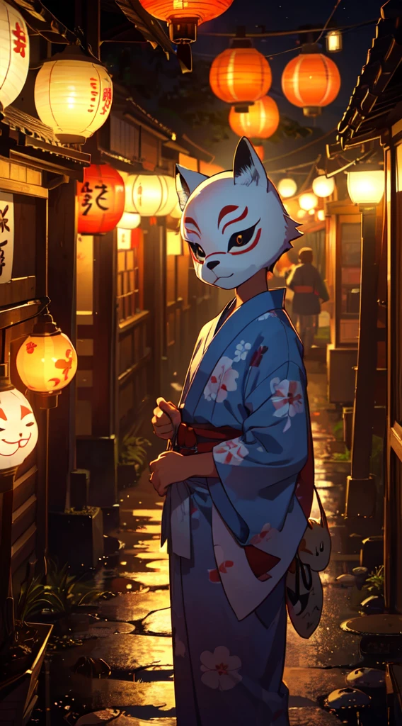 Summer festival, row of lanterns, Japanese fox mask, little boy in yukata, dusk