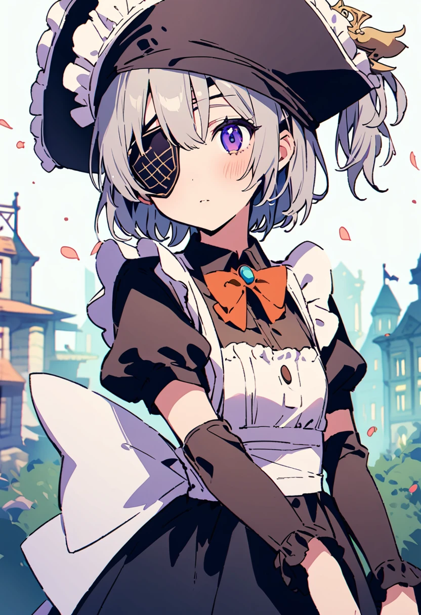masterpiece, Highest quality, Illustration of the novel, High resolution, 18+ Adult content, Sensual, Intimate, Emotional, Passionate, romantic, sweet, Adorable, Innocent, Pure, Charmな, Charmな, Charm, mysterious, Charmな, Charmな, Immersive, Charmな, dream-like, Surreal, Imaginative, Whimsical, Artistic, Avant-garde, timeless, elegant, Sophisticated, chic, Sophisticated, personality, original, Charmな,((Maid clothes:1.3)),((Loli Pirate:1.3)),((Eye patch:1.3))、((Upper Body:1.3))