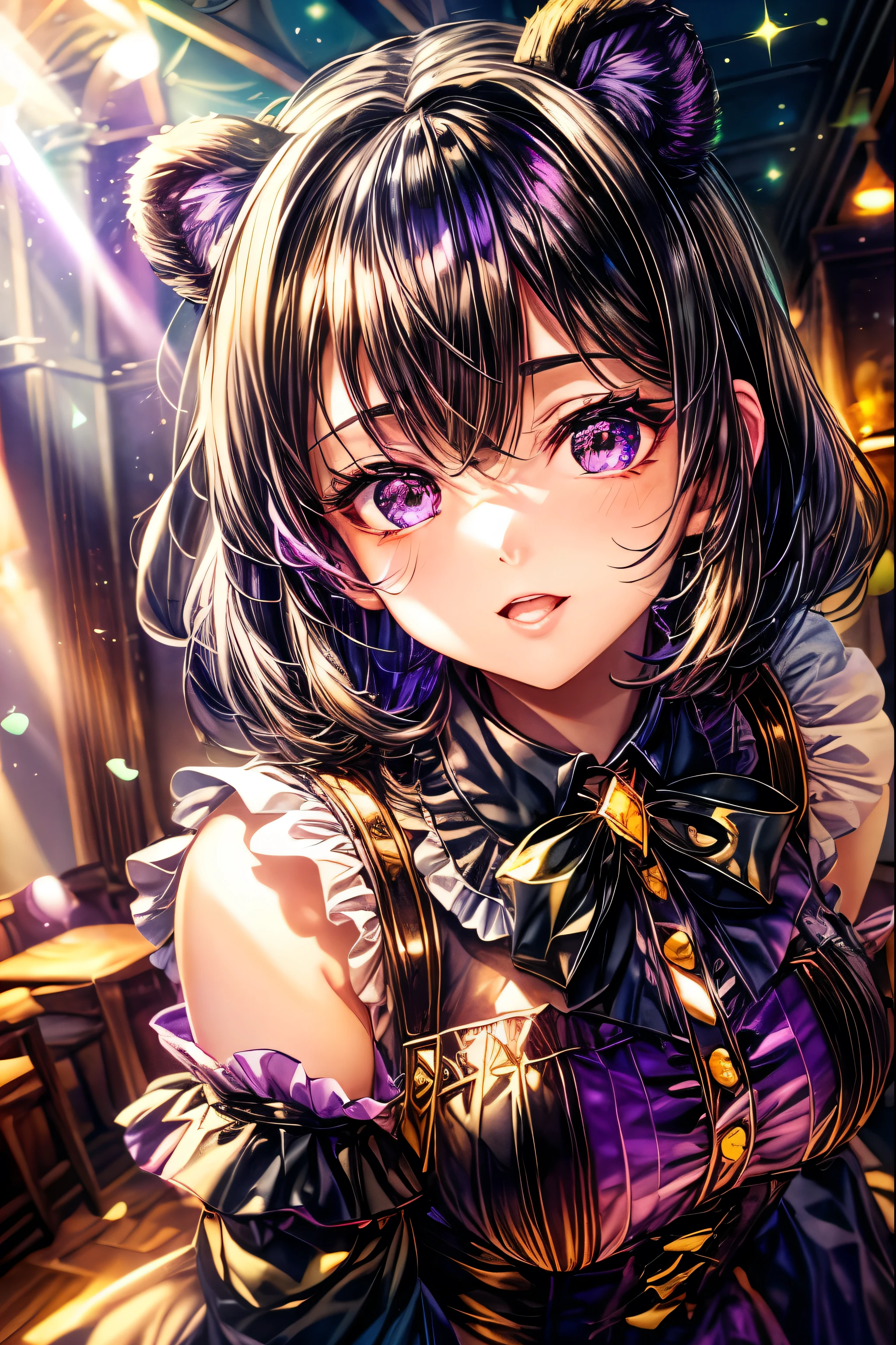 ((worst quality, low-quality)), ((black Bear-eared chemomimi girl)), (Gothic lolita), ((Black-haired berry berry short, purple inner color)), plump shiny lips, Beautiful clear purple eyes, Spoken Heart, Leaning forward, (open terrace cafe background), ((Shining sunlight)), (light Particle, light glow, llight rays:1.4), masutepiece,Best Quality,ultra-detailliert,