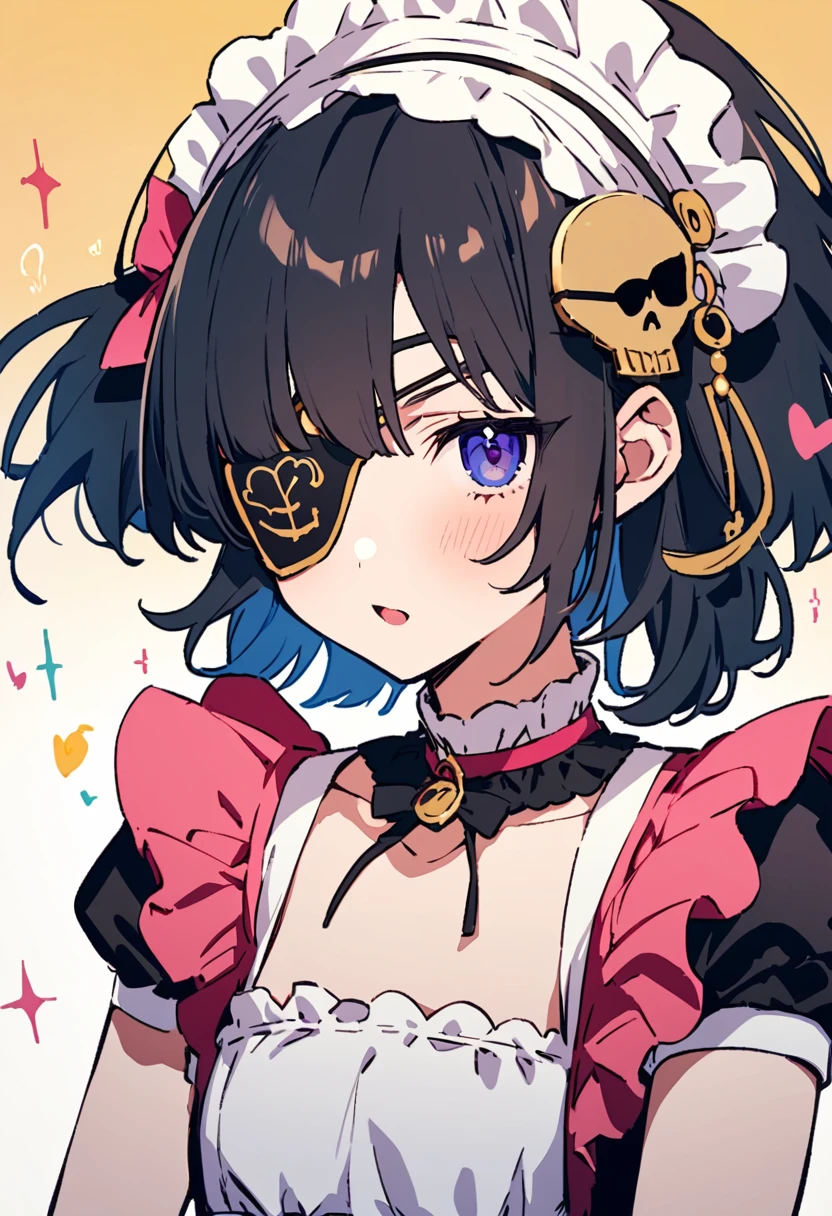 masterpiece, Highest quality, Illustration of the novel, High resolution, 18+ Adult content, Sensual, Intimate, Emotional, Passionate, romantic, sweet, Adorable, Innocent, Pure, Charmな, Charmな, Charm, mysterious, Charmな, Charmな, Immersive, Charmな, dream-like, Surreal, Imaginative, Whimsical, Artistic, Avant-garde, timeless, elegant, Sophisticated, chic, Sophisticated, personality, original, Charmな,((Maid clothes:1.3)),(( Pirate:1.3)),((Eye patch:1.3))、((Upper Body:1.3))
