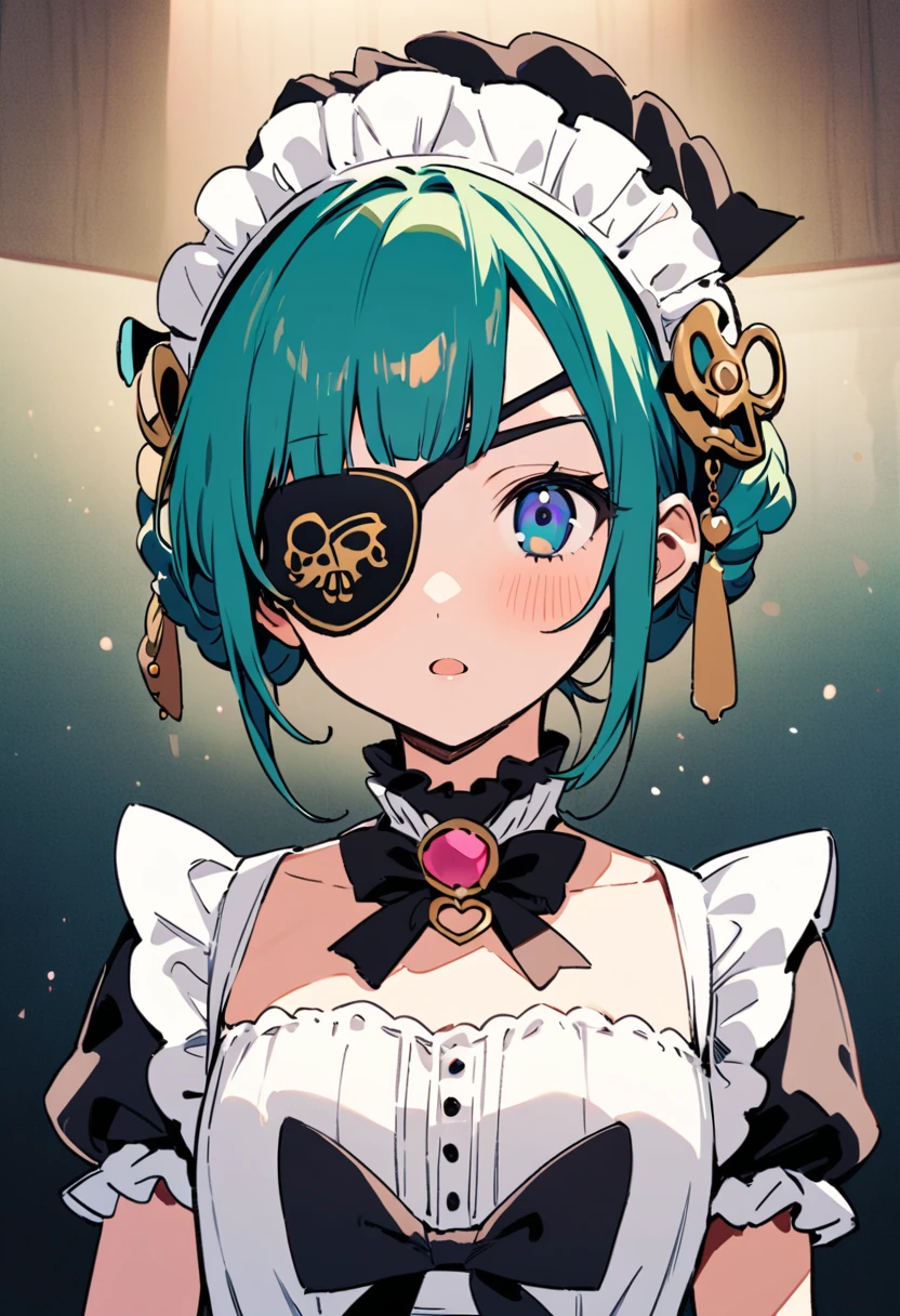 masterpiece, Highest quality, Illustration of the novel, High resolution, 18+ Adult content, Sensual, Intimate, Emotional, Passionate, romantic, sweet, Adorable, Innocent, Pure, Charmな, Charmな, Charm, mysterious, Charmな, Charmな, Immersive, Charmな, dream-like, Surreal, Imaginative, Whimsical, Artistic, Avant-garde, timeless, elegant, Sophisticated, chic, Sophisticated, personality, original, Charmな,((Maid clothes:1.3)),((Loli Pirate:1.3)),((Eye patch:1.3))、((Upper Body:1.3))