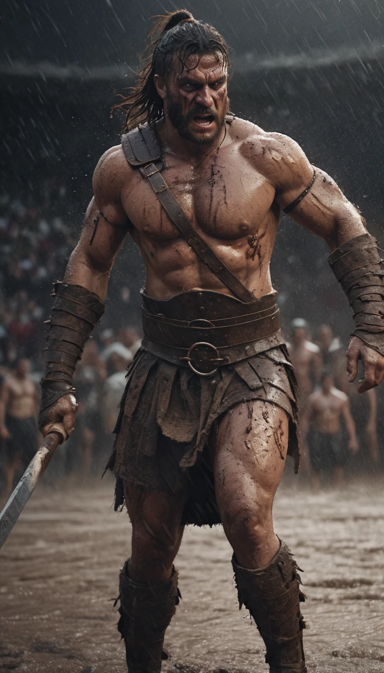 a muscular barbarian gladiator,arena,fight,wounded,one eye covered by simple eye patch,heavy rain,mud,dynamic,dramatic,cinematic,highly detailed,4k,realistic,photorealistic,professional lighting,chiaroscuro,dark,gritty,grunge,powerful,intense,epic