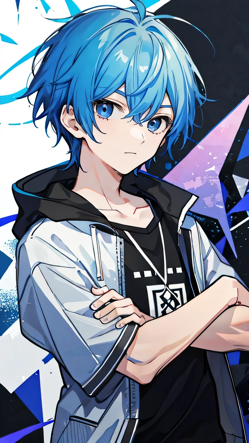 1 boy, blue hair, black eye, whole body, 