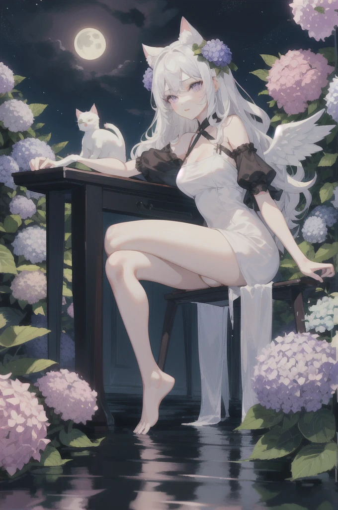 A delicate and elegant girl, Long wavy hair that reaches the knees,White hair is very attractive.., Detailed and precise manual work, Attractive girl, White cat ears, look at me, Purple eyes and white eyelashes,Her cheeks turned red,Big angel wings,On the water, A subject that stands out against the dark night sky,A lot of hydrangea, White Dress, Dramatic moonlight that makes your subject stand out, barefoot,Ankle decoration,Transparent chair,