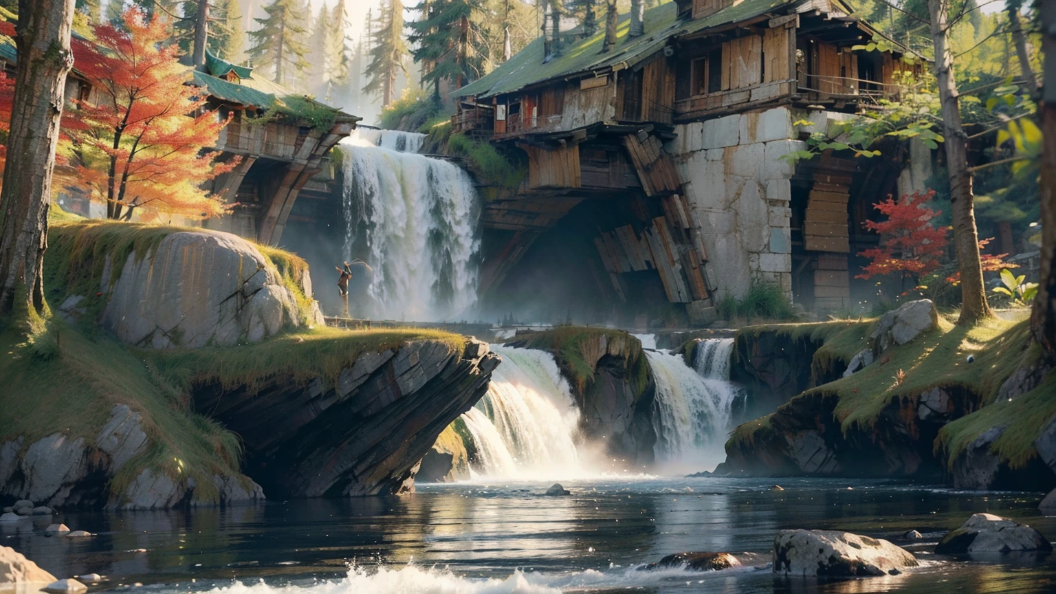 a magnificent ancient chinese architecture, lush green trees, majestic mountains, flowing rivers, golden sunlight, cascading waterfalls, vibrant blooming flowers, elegant immortal fairy, fantasy online game character, (best quality,4k,8k,highres,masterpiece:1.2),ultra-detailed,(realistic,photorealistic,photo-realistic:1.37),3D render,vibrant colors,cinematic lighting,dramatic composition,sweeping landscape,intricate details,mystical atmosphere