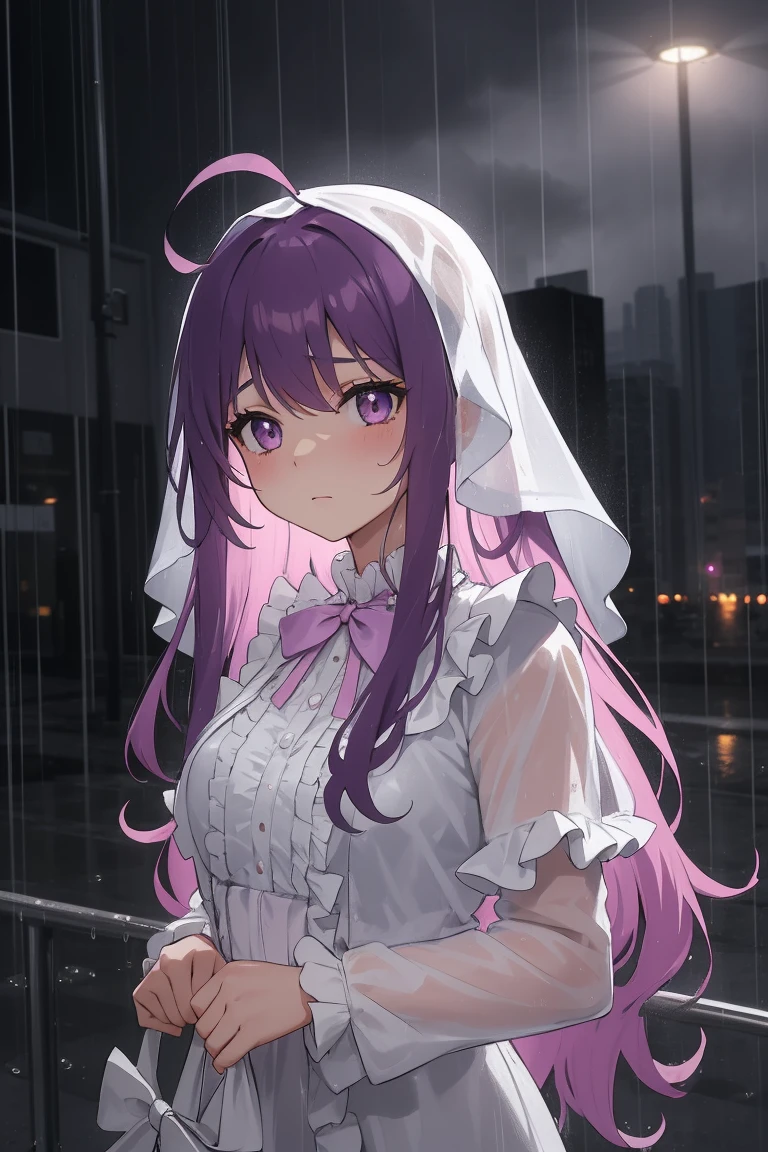 A girl, face forward, long purple hair, standing in the rain, sad, (white idol costume), pink ribbon, frill, her hair are soaked from the rain, rainy cityscape, with raindrops falling around her. The overall mood is melancholic but serene.