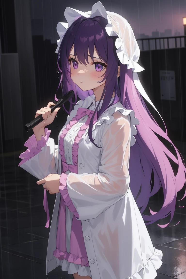 A girl, face forward, long purple hair, standing in the rain, sad, (white idol costume), pink ribbon, frill, her hair are soaked from the rain, rainy cityscape, with raindrops falling around her. The overall mood is melancholic but serene.