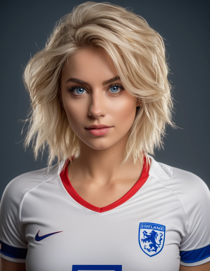 beautiful blonde woman wearing a tight England football shirt and lace gstring panties, full body picture, intricate detailed face, perfect body, athletic body, beautiful detailed eyes, beautiful detailed lips, long eyelashes, muscular athletic figure, dynamic action pose, (best quality,4k,8k,highres,masterpiece:1.2),ultra-detailed,(realistic,photorealistic,photo-realistic:1.37),HDR,UHD,studio lighting,ultra-fine painting,sharp focus,physically-based rendering,deep blue eyes, extreme detail description,professional,vivid colors,bokeh,sports,football,portrait, (messy bob hairstyle, white blond hair color), messy hairstyle, messy bob, messy hairstyle, white blond, 5 foot 3 inches tall, 110 pounds in weight, 34G breasts, large firm round breasts, very large breasts, cleavage, photorealistic, 4K, 8K, UHD, long shot, 