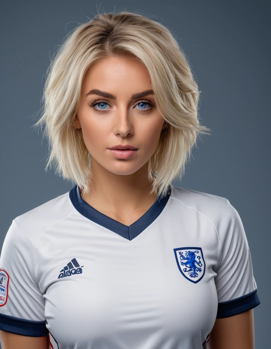 beautiful blonde woman wearing a tight England football shirt and lace gstring panties, full body picture, intricate detailed face, perfect body, athletic body, beautiful detailed eyes, beautiful detailed lips, long eyelashes, muscular athletic figure, dynamic action pose, (best quality,4k,8k,highres,masterpiece:1.2),ultra-detailed,(realistic,photorealistic,photo-realistic:1.37),HDR,UHD,studio lighting,ultra-fine painting,sharp focus,physically-based rendering,deep blue eyes, extreme detail description,professional,vivid colors,bokeh,sports,football,portrait, (messy bob hairstyle, white blond hair color), messy hairstyle, messy bob, messy hairstyle, white blond, 5 foot 3 inches tall, 110 pounds in weight, 34G breasts, large firm round breasts, very large breasts, cleavage, photorealistic, 4K, 8K, UHD, long shot,