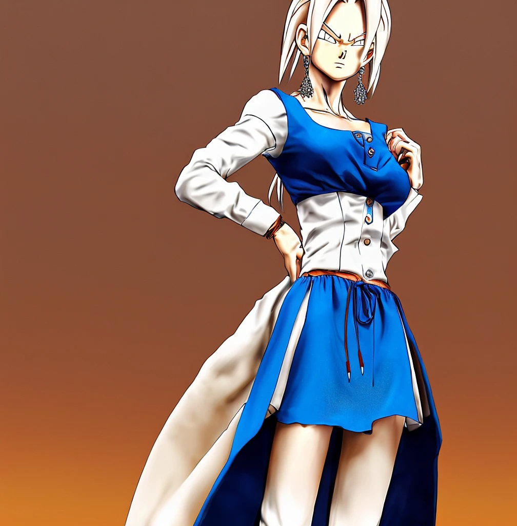 (cowboyshot: 1.2), (ANDROID_18, AND18(dragon ball z), (finely detailed beautiful eyes and detailed face), (face through thigh: 1.4), (knee shot: 1.2), blonde hair, solo, lady, (beautiful background), :), dynamic angle, blue eyes, light face, sunlight, (bright face: 1.2), very wide hips, very thick thighs, full body shot, solo, blonde hair, blue eyes, short hair, earrings, jewelry, denim vest, open vest, (black shirt), denim skirt, (long striped sleeves), blue skirt, brown cowboy boots