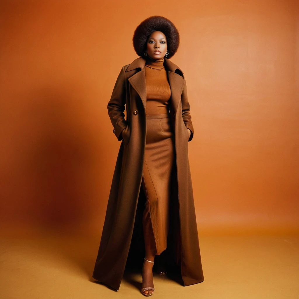 1977 album artwork photography, positioned in the center of the cover, facing slightly to the left, with her body turned towards the viewer, a stylish busty African American woman in a lowing, floor-length rich brown coat with a high collar, reminiscent of the 1970s fashion, hair styled in loose, flowing waves, with a few loose strands framing her face, serious facial expression, walking, ((upset)), Capture the essence of 1970s Motown era, vibrant colors, orange background