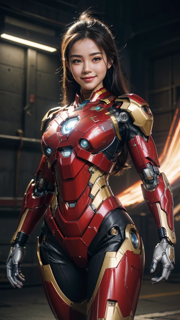 Textured skin, Super Detail, high details, High quality, Best Quality, hight resolution, 1080p, hard disk, Beautiful,(Iron Girl),Beautiful Smile,beautiful cyborg woman,Mecha Cyborg Girl,Battle Mode,Girl with a Mecha Body,She wears an Iron Man mech,powerful cyborg woman,