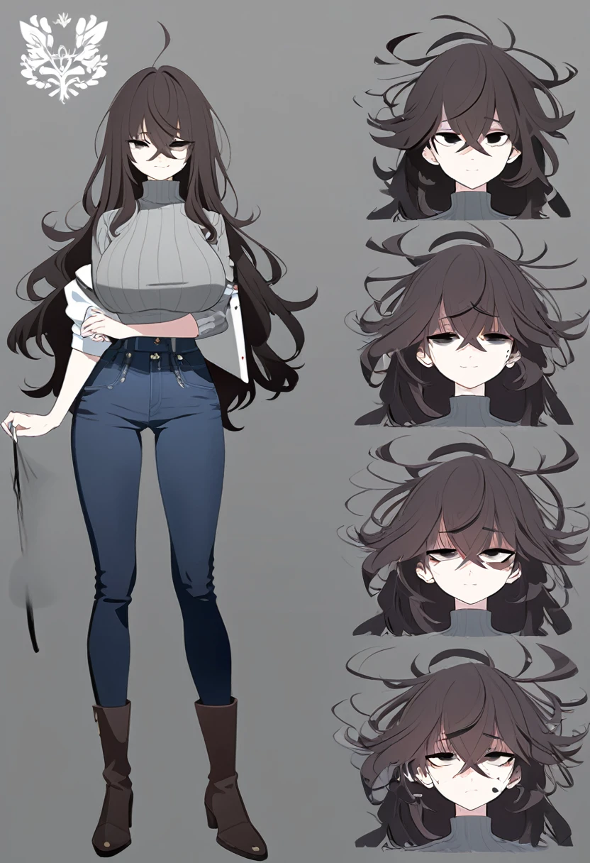 One Woman,Downer,older sister,Concept Art,Dark brown hair,Straight hair with slight inward curls,Staring eyes,Eye Ridge,black eye,Crossed bangs,whole body,smile,Larger breasts,Gray background,Bangs that reach down to the eyes,Messy hair,Tight dark jeans,Gray turtleneck sweater,Multiple views of the same character,Character Design,Dark circles under the eyes,Bad look,Listless,Sloppy,Silver Jewelry,Cafe staff,Holding a cigarette,whole bodyCharacter Design,Detailed hands,Height: 170cm,boots,Fleshy body,