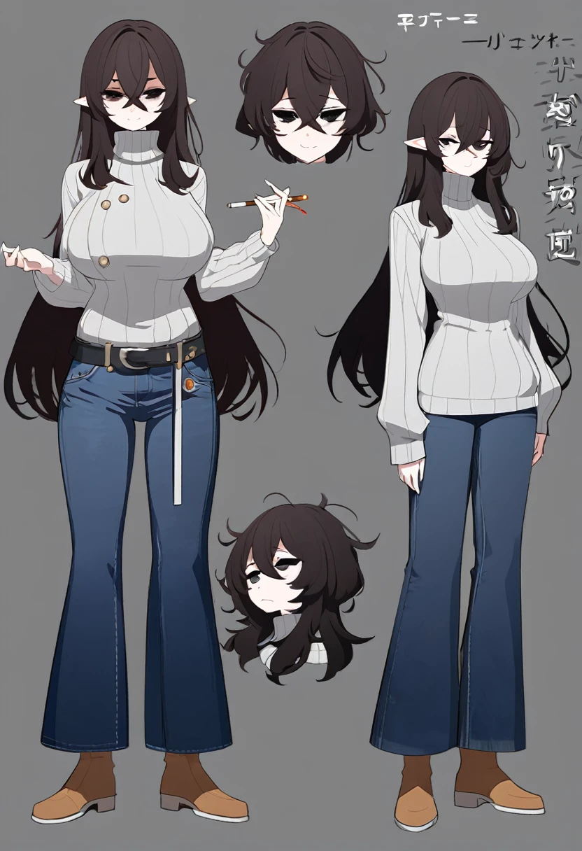 One Woman,Downer,older sister,Concept Art,Dark brown hair,Straight hair with slight inward curls,Staring eyes,Eye Ridge,black eye,Crossed bangs,whole body,smile,Larger breasts,Gray background,Bangs that reach down to the eyes,Messy hair,Tight dark jeans,Gray turtleneck sweater,Multiple views of the same character,Character Design,Dark circles under the eyes,Bad look,Listless,Sloppy,Silver Jewelry,Cafe staff,Holding a cigarette,whole bodyCharacter Design,Detailed hands,Height: 170cm,boots,Fleshy body,