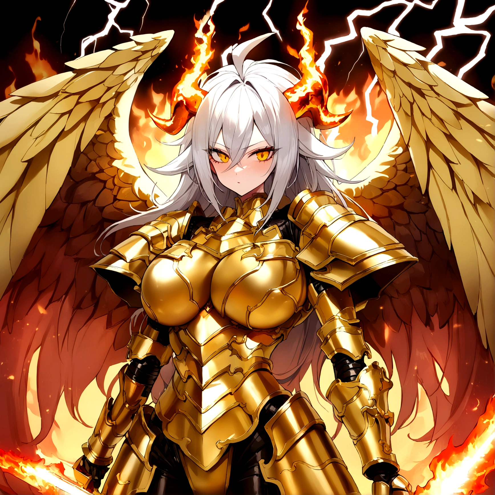((Lightning Power)), ((Electricity)), ((Fire Background)), ((Lightning Storm)), ((Power Erupting)), ((((android 21 Evil)))), (((Evil Power))), (((white Coat))), (((Busty))), (((((Big breast:1,3)))), luxury bustier corset, (((silver hair))), (((Very slim waist))), propotional body, ((Gorgeous)), (((Fire Blazing Horns))), ((((gold wings))), masterpiece, hyperdetail, ambient effect, digital effect, (((FIRE SWORD)), (((Lightning Sword))), (((Fire Gold Armor))), (((Lightning Gold Wings)))
