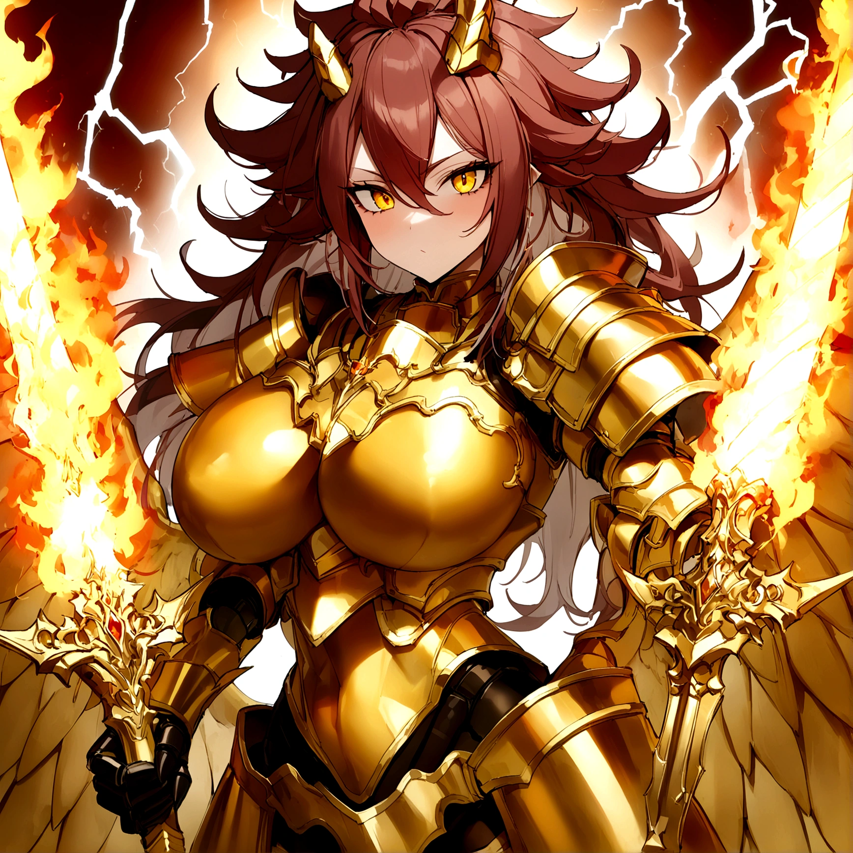 ((Lightning Power)), ((Electricity)), ((Fire Background)), ((Lightning Storm)), ((Power Erupting)), ((((android 21 Evil)))), (((Evil Power))), (((white Coat))), (((Busty))), (((((Big breast:1,3)))), luxury bustier corset, (((silver hair))), (((Very slim waist))), propotional body, ((Gorgeous)), (((Fire Blazing Horns))), ((((gold wings))), masterpiece, hyperdetail, ambient effect, digital effect, (((FIRE SWORD)), (((Lightning Sword))), (((Fire Gold Armor))), (((Lightning Gold Wings)))