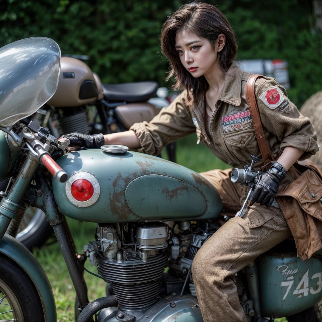 1950s, cafe racer, Japanese woman, riders wear, beautiful face, torn pants, very intricate details, metallic paint, single road in wilderness, realistic photo, taken with Fuji film X-T30+Nokton. HDR10