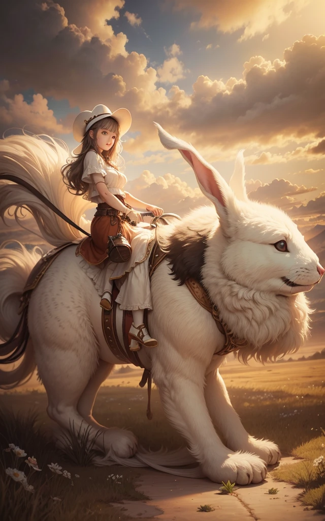 girl riding on top of a fat giant extremely fluffy cute white bunny, fantasy, sepia tone, 8k resolution, old time photographs faded and scratched.