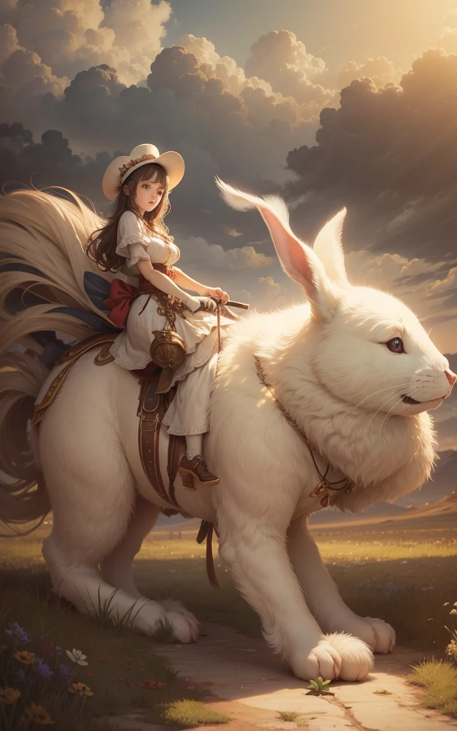 girl riding on top of a fat giant extremely fluffy cute white bunny, fantasy, sepia tone, 8k resolution, old time photographs faded and scratched.