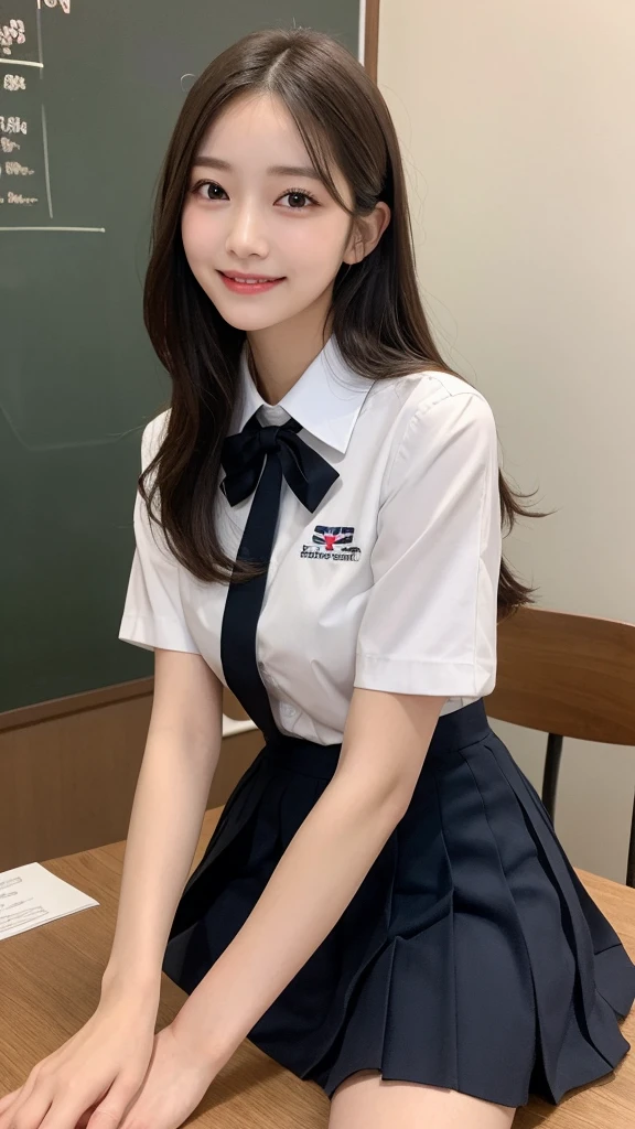 In detail, High resolution, high quality、Beautiful fine details, long hair, Natural color lip、1 person、Clear Skin、Shiny Hair、Tabletop, 最high quality,  Super detailed, In detail, High resolution, 8k、Beautiful feet,Perfect beautiful face,KPOP idol faces,Ecstatic face、Cute face、smile、、classroom,collared white shirt,blazer style uniform,knee length pleated skirt