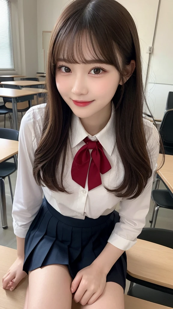 In detail, High resolution, high quality、Beautiful fine details, long hair, Natural color lip、1 person、Clear Skin、Shiny Hair、Tabletop, 最high quality, Super detailed, In detail, High resolution, 8k、Beautiful feet,Perfect beautiful face,KPOP idol faces,Ecstatic face、Cute face、smile、、classroom,collared white shirt,blazer style uniform,knee length pleated skirt