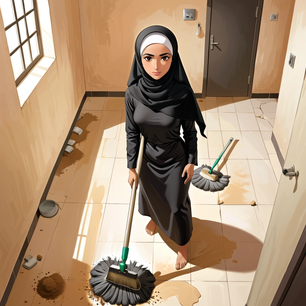 Ugly arab woman in black straight small short hijab nude arm nude shoulder breasts cleaning the ground housekeeping room view from up