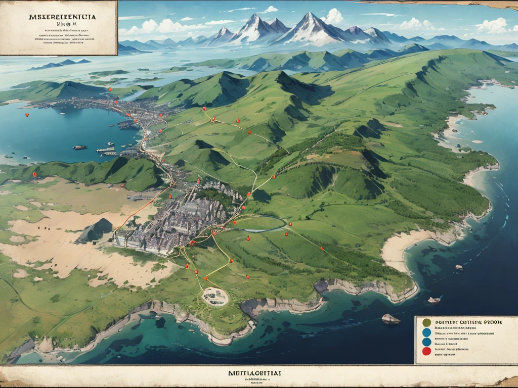 map of the medieval continent with three cities, Mountain, forests and four villages