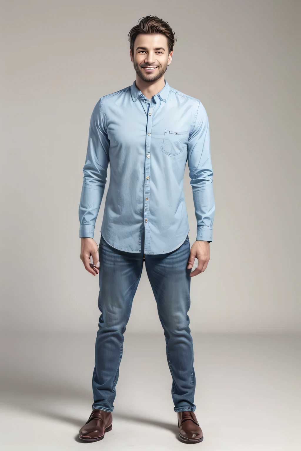 cg adult man, mid 30s, wearing light blue buttoned shirt, jeans pants, brown laced up dress shoes, full body lenght, white background, standing, looking ahead, smiling, central aligment