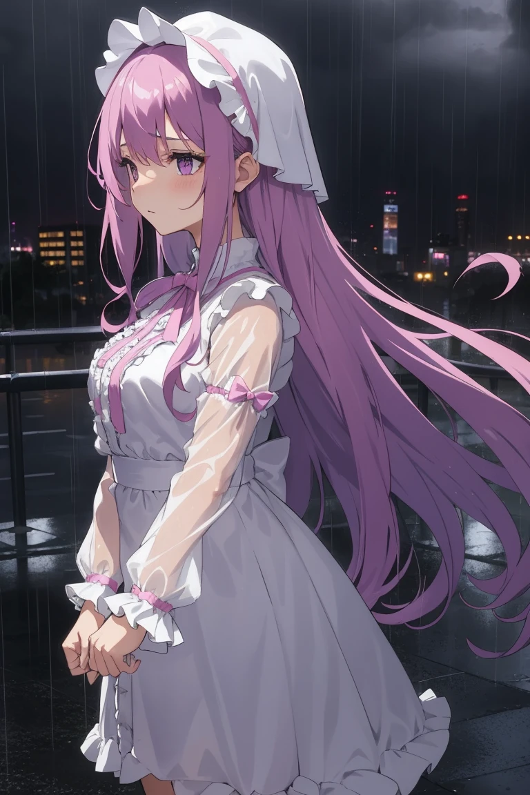 A girl, face forward, long purple hair, standing in the rain, sad, (white idol costume), pink ribbon, frill, her hair are soaked from the rain, rainy cityscape, with raindrops falling around her. The overall mood is melancholic but serene.