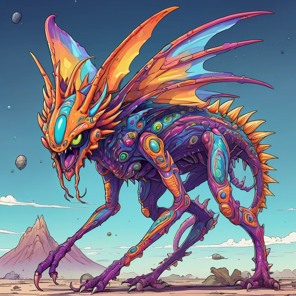 a small bizarre and strange looking brightly coloured alien. Showing the entire, highly detailed body from the side. The entire picture is full of details.  Strange alien landscapes in the background. Big detailed wings and sharp teeth and fangs. a sharp abdominal stinger. tentacles and antennas and multiple eyes. long spiky legs. Scaley segmented body.  Hypnotic and telepathic and psychedelic looking. 