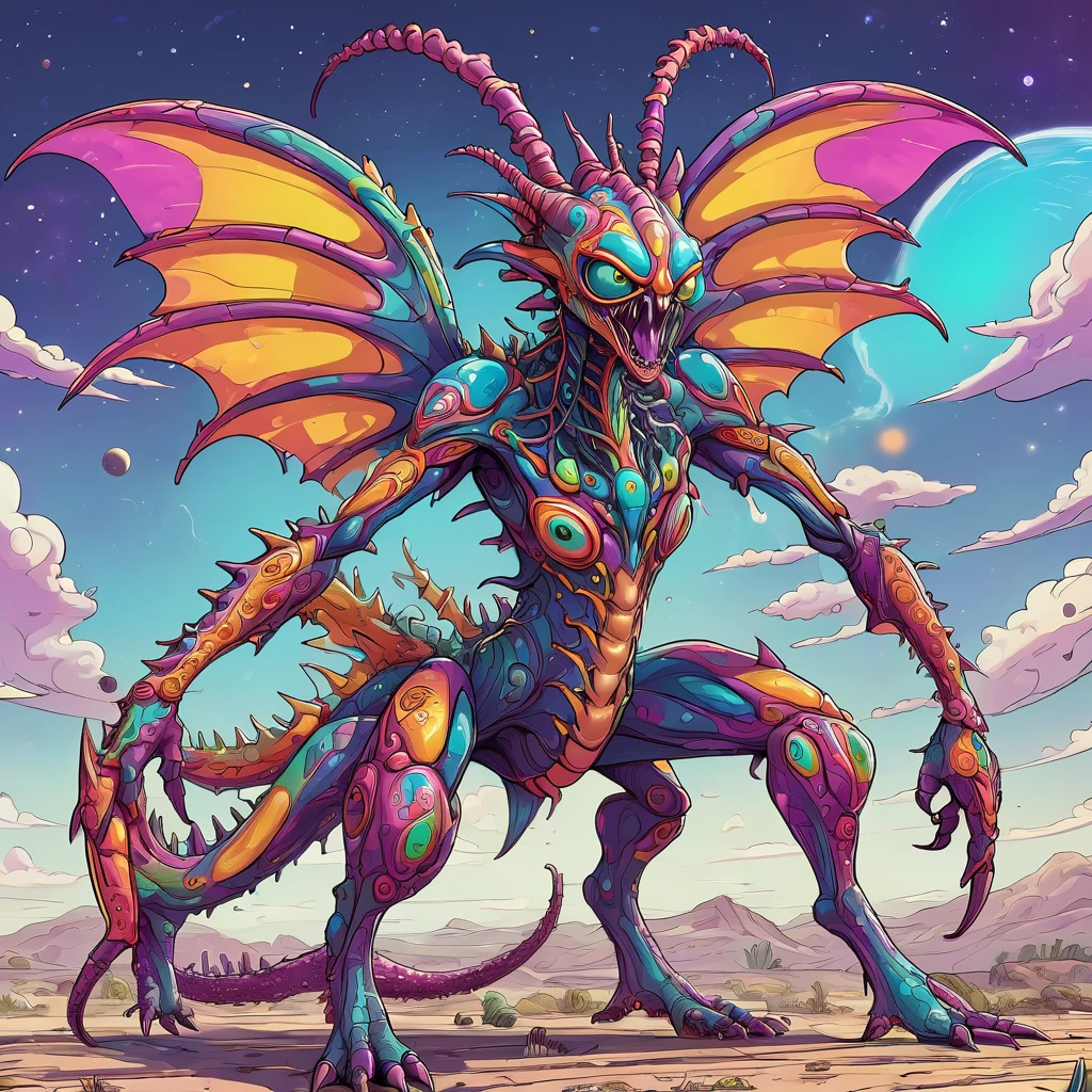 a small bizarre and strange looking brightly coloured alien. Showing the entire, highly detailed body from the side. The entire picture is full of details. Strange alien landscapes in the background. Big detailed wings and sharp teeth and fangs. a sharp abdominal stinger. tentacles and antennas and multiple eyes. long spiky legs. Scaley segmented body. Hypnotic and telepathic and psychedelic looking.