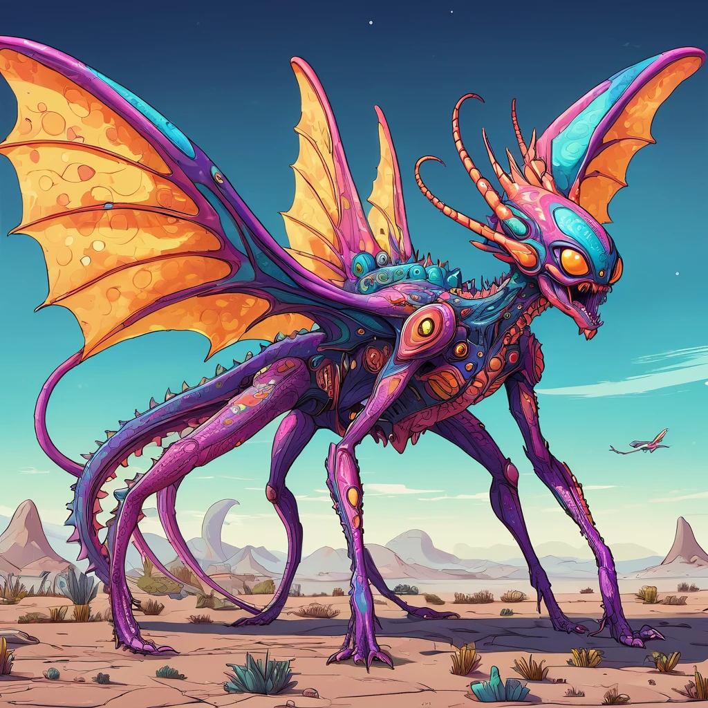 a small bizarre and strange looking brightly coloured alien. Showing the entire, highly detailed body from the side. The entire picture is full of details.  Strange alien landscapes in the background. Big detailed wings and sharp teeth and fangs. a sharp abdominal stinger. tentacles and antennas and multiple eyes. long spiky legs. Scaley segmented body.  Hypnotic and telepathic and psychedelic looking. 