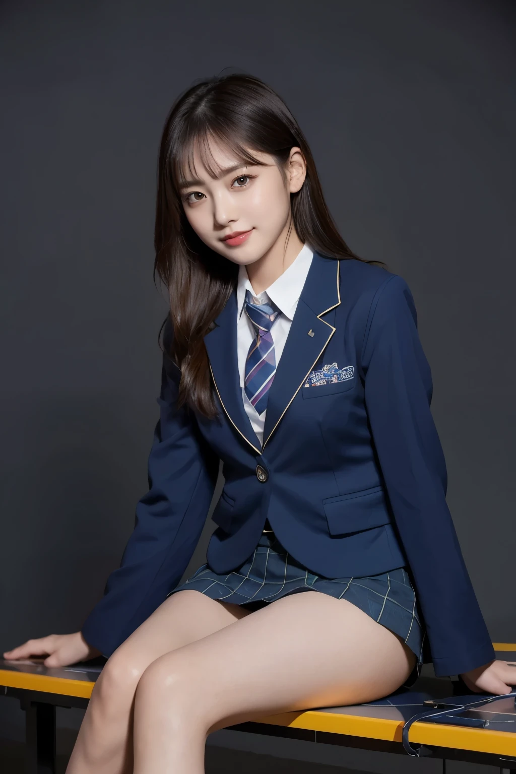 (8k), (highest quality: 1.2), (Realistic), (Realistic: 1.37), Ultra-high resolution, (1 girl), cute, blush,Embarrassed smile, Beautiful details, Beautiful Nose, straight Hair, Giant Dulcefo, pork, Thighs,Self Snap,University Uniforms,(A simple dark blue blazer:1.4),(Pleated skirt:1.2),(The skirt and tie are black tartan check pattern.:1.3),(Sitting:1), Sit on the bench,(Hold my feet:1),(Shiny 太い legs:1.2),from the front,knees