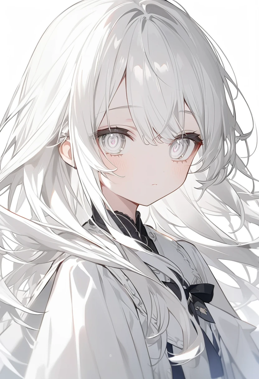 eyes white、真っWhite eyes、(White eyes)、White of the eyes、White skin、pure white、Lifeless、Anime Style、One person、One personの少女、off white色、off white、Girl、Light white hair、Hair color is off white、Thin hair white、Long Hair、Eye color is pale white、Pale white eyes、Off-white eyes、White eyes、真っWhite eyes、All of the eyes are off white、All-white girl、off white色のGirl、White background、White background、White room、There are highlights on the eyes、emotionless、cute、An endearing look、beautiful、eyes white