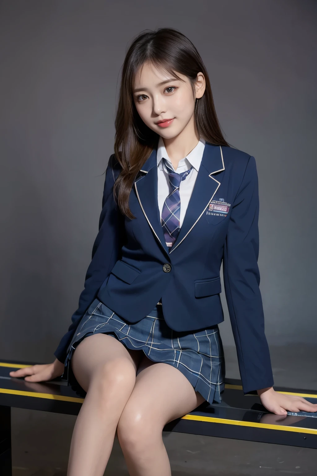 (8k), (highest quality: 1.2), (Realistic), (Realistic: 1.37), Ultra-high resolution, (1 girl), cute, blush,Embarrassed smile, Beautiful details, Beautiful Nose, straight Hair, Giant Dulcefo, pork, Thighs,Self Snap,University Uniforms,(A simple dark blue blazer:1.4),(Pleated skirt:1.2),(The skirt and tie are black tartan check pattern.:1.3),(Sitting:1), Sit on the bench,(Hold my feet:1),(Shiny 太い legs:1.2),from the front,knees